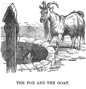 The goat watching the fox trapped into the well.