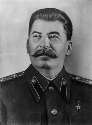 Joseph Stalin's portrait in mustache and military uniform.