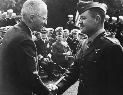 Pappy Boyington military uniform shaking hands