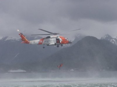 Coast guard on a rescue mission with helicopter.