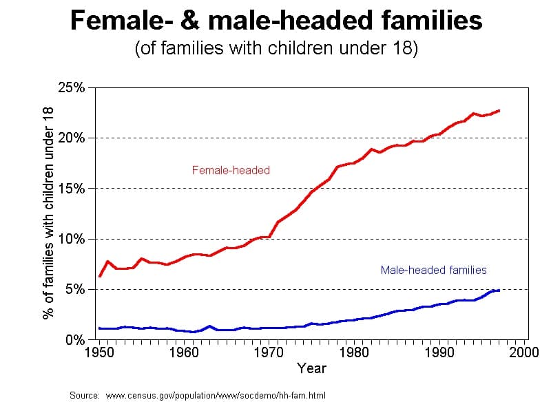 Female and male headed families from 1950's to 2000. 