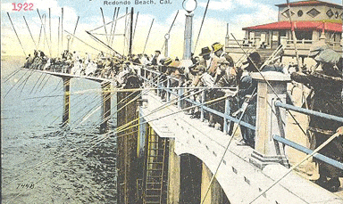 Illustration of fishermen lining docks. 