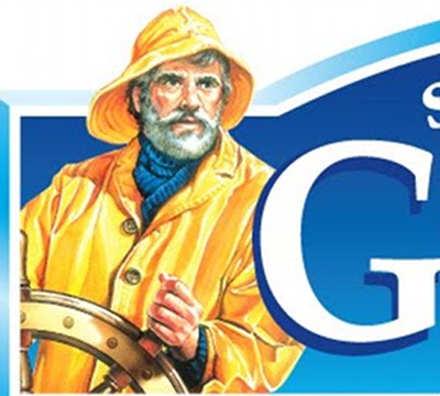Gortons fisherman wearing yellow rain jacket vintage advertisement.