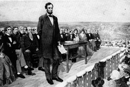 Abraham Lincoln giving speech on public platform illustration. 