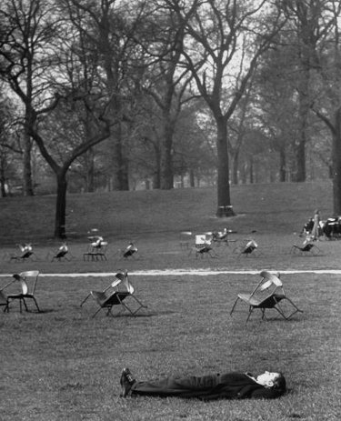 Vintage man sleeping in grass in open park. 