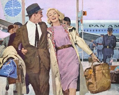 Vintage couple giving smile pose at airport.