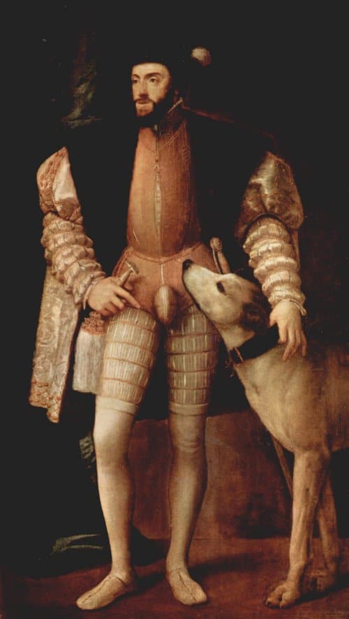 Man wearing codpiece with dog illustration. 