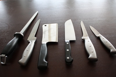 Different collections of kitchen knives.