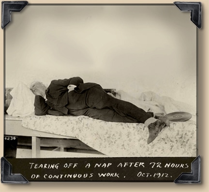 Vintage man tearing off a nap after 72 hours of continuous work.