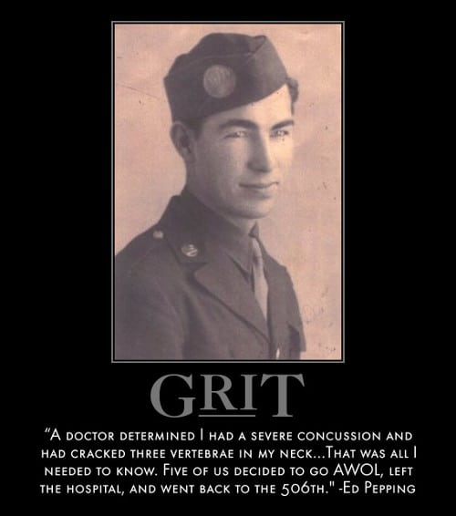 A motivational quote by Ed Pepping about grit.