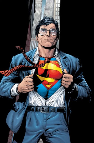 Clark Kent in superman suit illustration. 