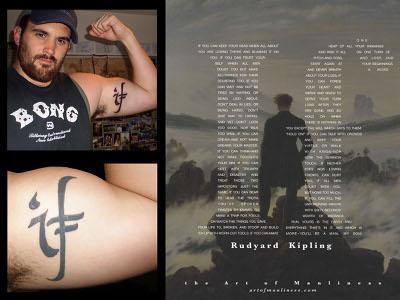 Tattoo of IF poem by Rudyard kipling on bicep.