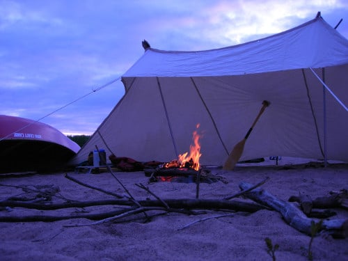 Burning fire under shelter.