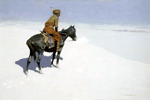 Native American Indian scout on horseback in winter season painting.