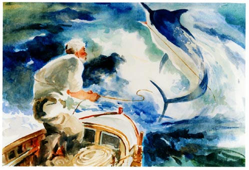 Old man and the sea fighting marlin painting.