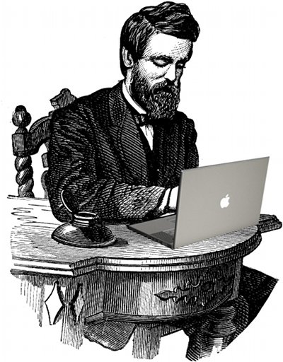 Victorian man with apple macbook computer drawing.