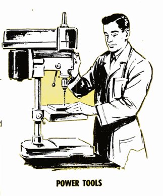 Vintage man using drill press power tools illustration.