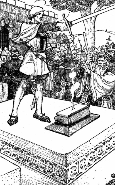 King Arthur illustration removing sword from stone.