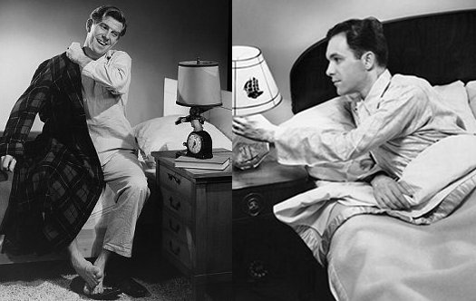 Vintage man waking and putting out lamp for bed.