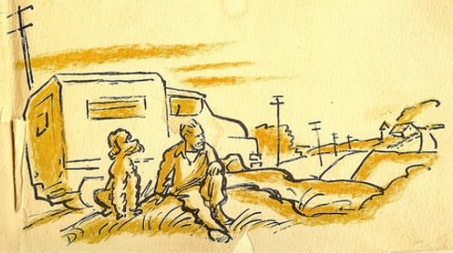Charley Steinbeck sitting on sideway in village illustration. 