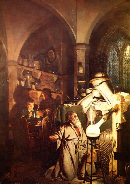 joseph wright alchemist in study working illustration 