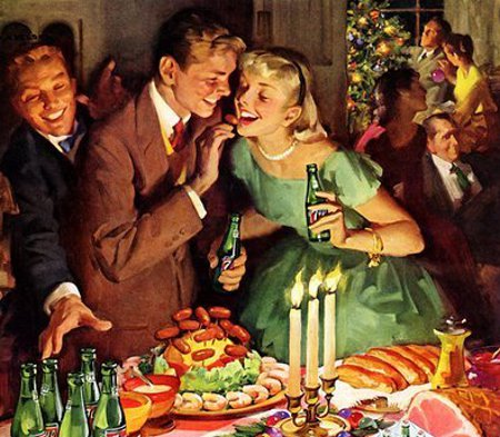 Vintage couple buffet in holiday party illustration.