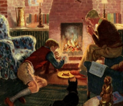 Vintage boys roasting chestnuts in fireplace illustration.