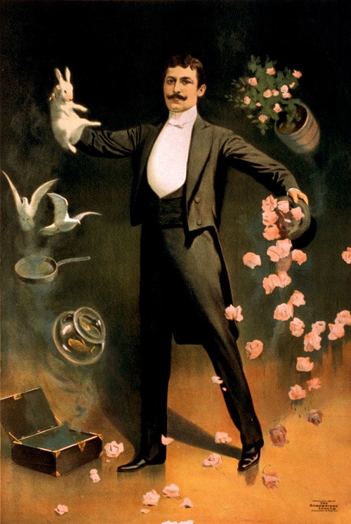 Vintage magician putting out rabbit from hat illustration.