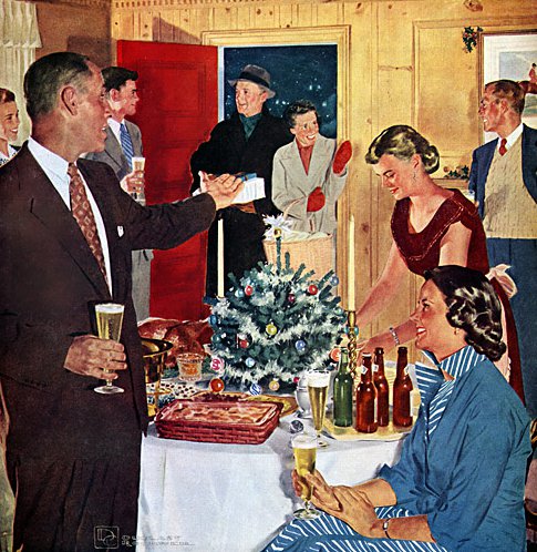 Vintage people enjoying holiday party at home illustration.