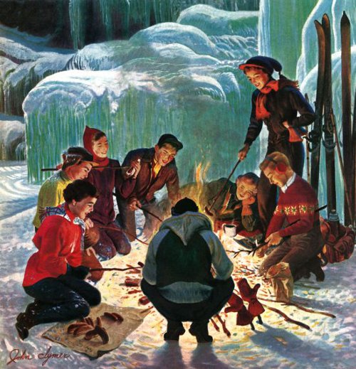 weenie vintage weenie hot dog roast outside next to ice illustration