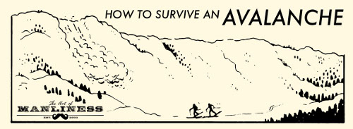 How to survive an avalanche illustration and skiers on the hill.