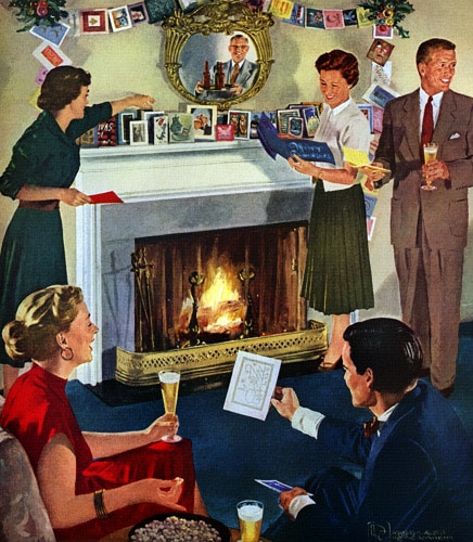 Vintage party guests looking at holiday cards on mantle.