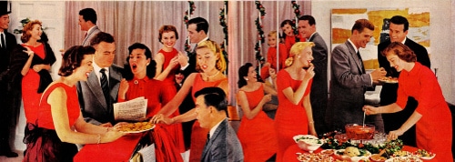 Vintage people enjoying holiday party illustration.