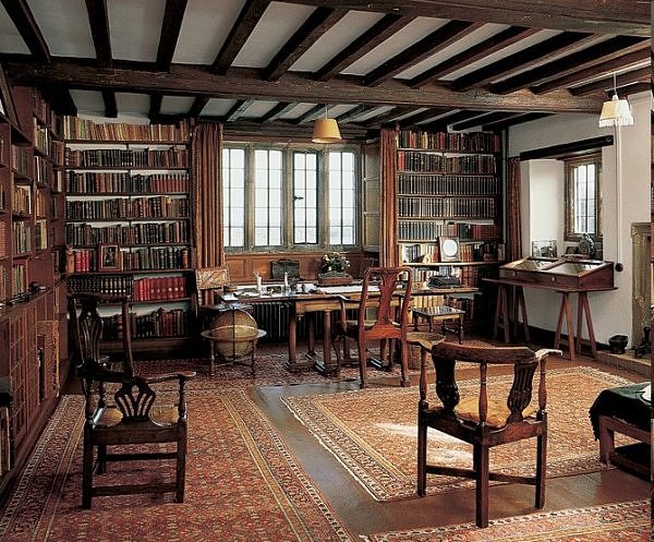 Vintage library Rudyard Kipling's study room illustration.