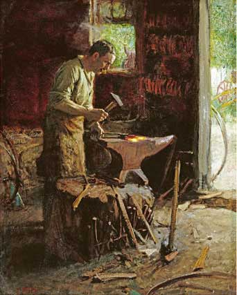 Vintage illustration of blacksmith working in shop hammering hot iron on anvil.