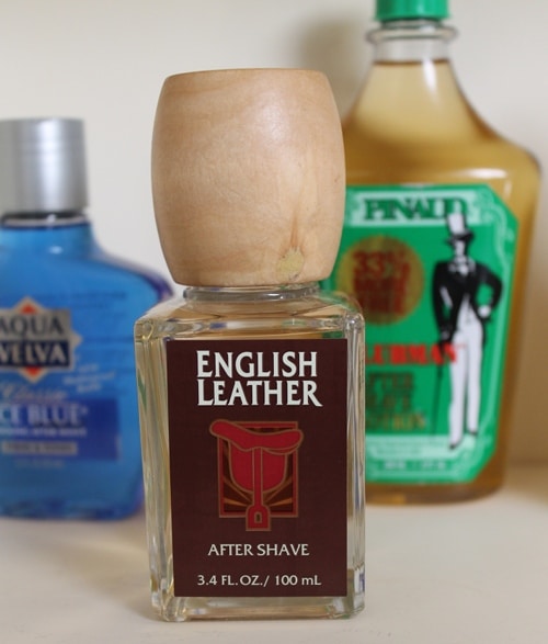 English leather aftershave bottle with wooden knob.