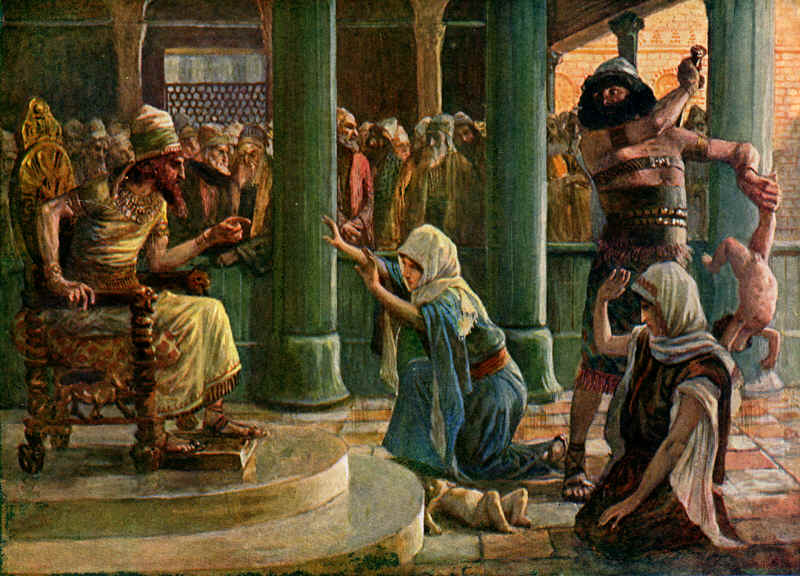 King Solomon giving justice to begging woman illustration.