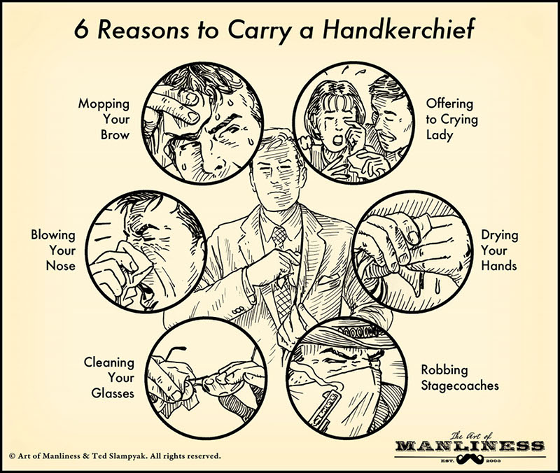 Comic describes 6 reasons to carry handkerchief.