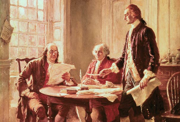 Benjamin franklin at table with men discussing papers painting.