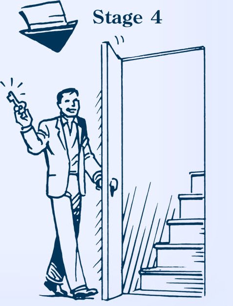 Man opening door to stairway illustration.