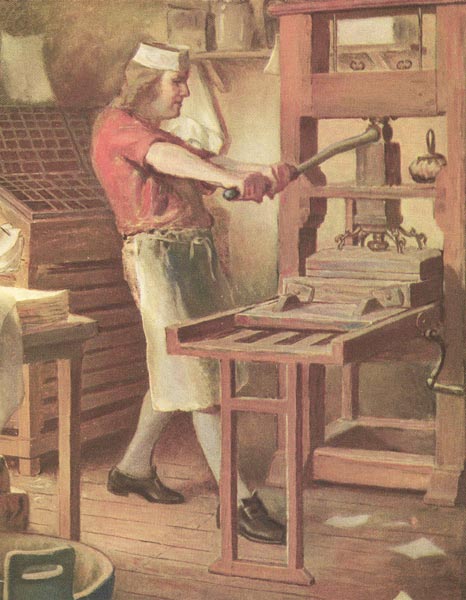 Young benjamin franklin printer working machine painting.