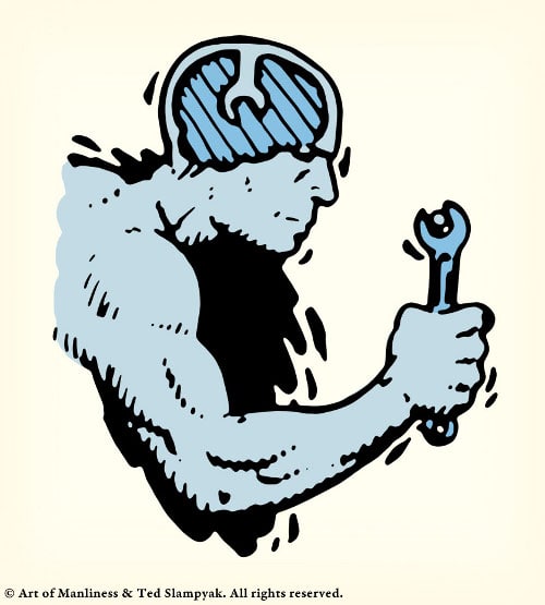 Man holding tool wrench in hand illustration. 