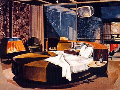bachelor-pad An apartment with round shaped bed illustration.