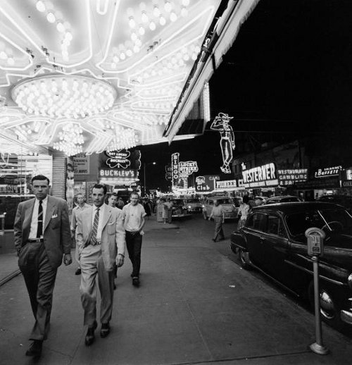 Vintage men sidewalk in mall. 