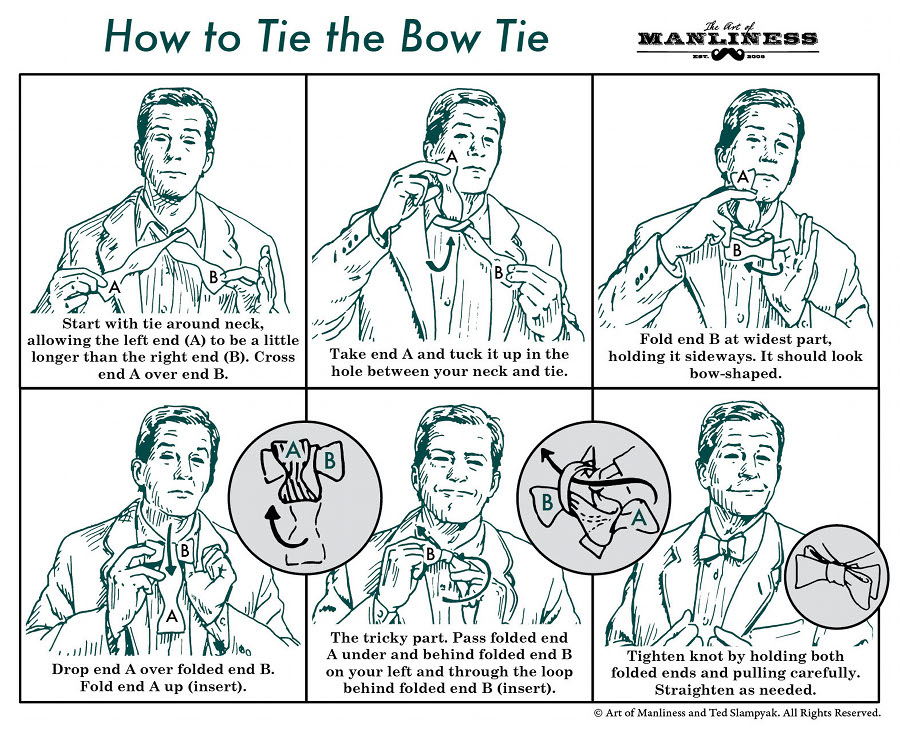 Basic steps illustrated to tie a bow tie.