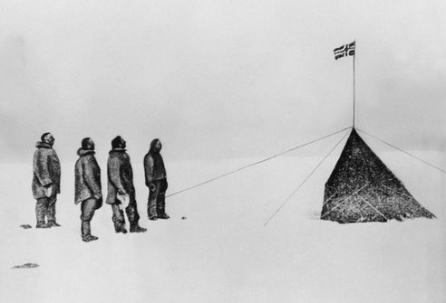 Amundsen explorer at south pole with crew illustration. 