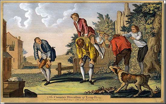 Group of men playing games in yard illustration.