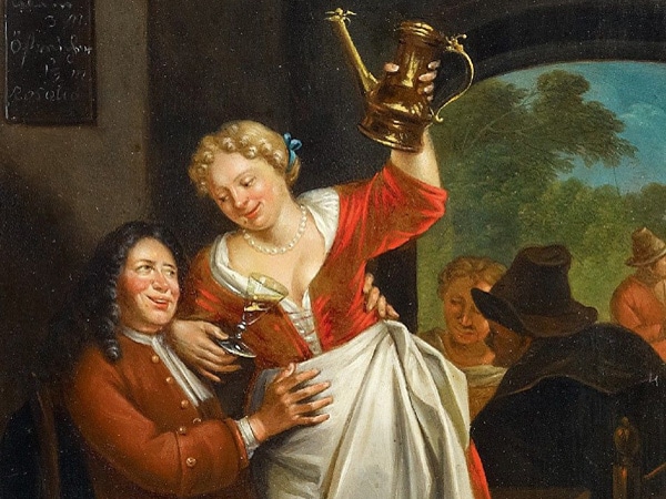 Woman flirting with man in tavern illustration. 