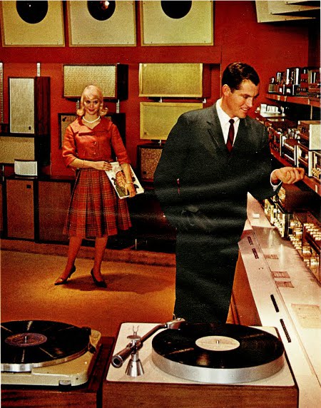 Vintage woman looking at man in electronics store illustration.