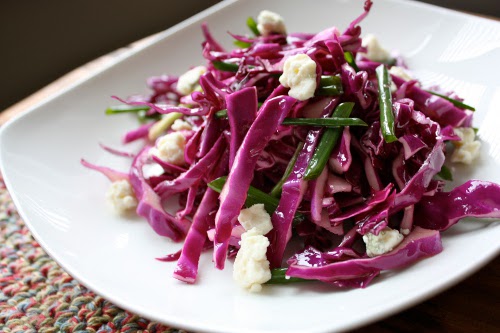Vintage red cabbage, chive, blue cheese slaw on a plate.